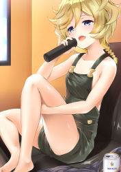 Rule 34 | 1girl, amasora taichi, bad id, bad pixiv id, bare arms, bare legs, bare shoulders, barefoot, blonde hair, blue eyes, blurry, blurry foreground, blush, braid, breasts, can, collarbone, commentary request, couch, day, depth of field, elfnein, fingernails, glint, hair between eyes, hand up, highres, holding, holding microphone, indoors, knees up, long hair, microphone, naked overalls, on couch, open mouth, overall shorts, overalls, senki zesshou symphogear, sitting, small breasts, solo, window