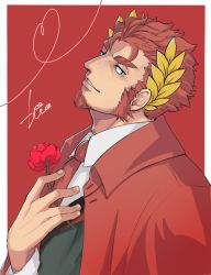 Rule 34 | 1boy, blue eyes, border, claude (housamo), coat, commentary request, facial hair, flower, formal, goatee, hand on own chest, heart, highres, hio tksr05, holding, holding flower, laurel crown, long sideburns, looking at viewer, male focus, mature male, muscular, muscular male, necktie, outside border, parted lips, red background, red coat, red flower, red hair, red necktie, red rose, rose, short hair, sideburns, signature, smile, solo, thick eyebrows, tokyo houkago summoners, upper body, white border