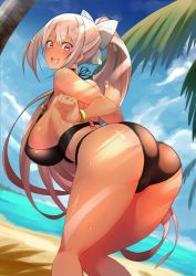 Rule 34 | 1girl, arched back, ass, bad id, bad twitter id, bare shoulders, beach, bent over, bikini, black bikini, blush, bow, breasts, cameltoe, day, earrings, hair bow, hair ornament, hairclip, highres, higuchi kaede, huge breasts, jewelry, long hair, looking at viewer, looking back, mole, mole under eye, nijisanji, nuezou, ocean, open mouth, palm tree, pink eyes, pink hair, sideboob, smile, solo, swimsuit, thighs, tree, very long hair, virtual youtuber