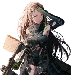 Rule 34 | 1girl, arm guards, assault rifle, bad id, bad twitter id, brown hair, cowboy shot, girls&#039; frontline, green hair, green sweater, gun, hand in own hair, headphones, holding, holding gun, holding weapon, long hair, looking at viewer, m4 carbine, m4a1 (girls&#039; frontline), m4a1 (mod3) (girls&#039; frontline), mod3 (girls&#039; frontline), multicolored hair, rifle, silence girl, skull print, solo, streaked hair, sweater, torn clothes, weapon, white background, yellow eyes