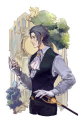 Rule 34 | 1boy, ace attorney, barok van zieks, black pants, black vest, gloves, green hair, highres, long sleeves, male focus, pants, scar, scar on face, sheath, sheathed, shirt, solo, the great ace attorney, the great ace attorney 2: resolve, vest, white gloves, white neckwear, white shirt