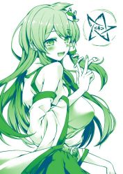 Rule 34 | 1girl, akanagi youto, bare shoulders, belt, blush, breasts, detached sleeves, elder sign, frog hair ornament, green theme, hair ornament, kochiya sanae, large breasts, long hair, looking to the side, monochrome, open mouth, snake hair ornament, solo, touhou, v
