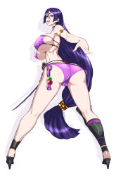Rule 34 | 1girl, ass, bikini, black hair, breasts, fate/grand order, fate (series), highres, holding, holding sword, holding weapon, isemagu, katana, large breasts, long hair, looking at viewer, looking back, minamoto no raikou (fate), minamoto no raikou (fate/grand order), minamoto no raikou (swimsuit lancer) (fate), ponytail, purple eyes, purple hair, simple background, smile, solo, swimsuit, sword, very long hair, weapon, white background