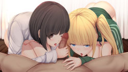 Rule 34 | 1boy, 2girls, ass, blonde hair, blue eyes, breasts, brown eyes, brown hair, censored, commentary request, curtains, daiaru, erection, eyes visible through hair, fellatio, green jacket, handjob, indoors, jacket, katou megumi, kneeling, leaning forward, long sleeves, looking at viewer, male pubic hair, mosaic censoring, multiple girls, naked shirt, nipples, on floor, open clothes, open jacket, open mouth, open shirt, oral, penis, penis on face, penis over one eye, pubic hair, saenai heroine no sodatekata, saliva, saliva trail, sawamura spencer eriri, shirt, short sleeves, small breasts, tongue, tongue out, white shirt, wooden floor