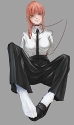 Rule 34 | 1girl, @ @, absurdres, artist request, bad id, bad pixiv id, bar censor, black neckwear, black tie, censored, chainsaw man, collar, collared shirt, female focus, foot focus, formal, full body, grey background, highres, leash, looking at viewer, makima (chainsaw man), pants, red hair, shirt, simple background, socks, tagme, yellow eyes