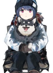 Rule 34 | 1girl, :i, :t, absurdres, animal, beanie, black pants, blue hair, brown gloves, chair, dog, gloves, hat, highres, jacket, long sleeves, looking at viewer, maegami (daisuki oekaki1), pants, purple eyes, scarf, shima rin, simple background, sitting, white background, white jacket, winter clothes, yurucamp