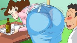 Rule 34 | 1boy, 1girl, age difference, apron, ass, beer bottle, black hair, blue skirt, blush, breasts, brown hair, crayon shin-chan, cup, department head (crayon shin-chan), drinking glass, hetero, highres, indoors, mature female, nohara misae, old, old man, panties, shimofuritei, skirt, small breasts, tray, underwear
