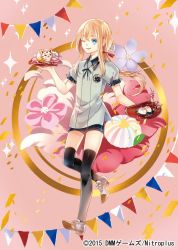 Rule 34 | 10s, 1boy, alternate costume, black thighhighs, blonde hair, blouse, blue eyes, cherry blossoms, company name, floral background, flower, food, fox, full body, hair ribbon, holding, holding tray, kamitsuki, konnosuke, long hair, male focus, midare toushirou, mochi, neck ribbon, official art, one eye closed, pennant, personification, pink background, ponytail, puffy short sleeves, puffy sleeves, ribbon, shirt, shoes, short shorts, short sleeves, shorts, sidelocks, smile, smirk, solo, sparkle, standing, standing on one leg, string of flags, thighhighs, touken ranbu, trap, tray, wagashi, watermark, white footwear, white shirt, wing collar