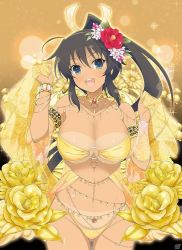 Rule 34 | 10s, 1girl, :d, ahoge, alternate costume, aqua eyes, armlet, bare shoulders, bikini, black hair, bracelet, breasts, brooch, cleavage, dark-skinned female, dark skin, detached sleeves, female focus, flower, gem, hair flower, hair ornament, harem outfit, homura (senran kagura), jewelry, large breasts, light particles, long hair, looking at viewer, neck, neck ring, necklace, o-ring, o-ring top, open mouth, ponytail, red gemstone, revealing clothes, rose, round teeth, senran kagura, smile, solo, sparkle, strapless, strapless bikini, swimsuit, tan, tanline, teeth, underboob, veil, yellow bikini, yellow detached sleeves, yellow flower, yellow rose