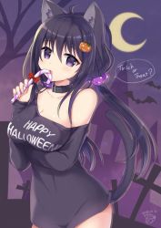 Rule 34 | 1girl, animal collar, animal ears, artist name, bat (animal), black collar, black hair, black pants, breast hold, breasts, candy, candy cane, cat ears, cat tail, clothes writing, collar, commentary request, crescent moon, crossed arms, dated, english text, food, graveyard, hair ornament, hair scrunchie, halloween, happy halloween, holding, holding candy, holding food, jack-o&#039;-lantern, jack-o&#039;-lantern hair ornament, long hair, long sleeves, looking at viewer, low twintails, medium breasts, moon, night, no pants, off shoulder, open mouth, original, outdoors, pants, polka dot, polka dot scrunchie, purple eyes, purple scrunchie, scrunchie, signature, solo, standing, tail, tougo, trick or treat, twintails