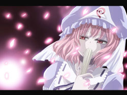 Rule 34 | 1girl, bad id, bad pixiv id, cherry blossoms, covering face, covering own mouth, covering privates, female focus, folded fan, folding fan, hand fan, hat, letterboxed, pink hair, saigyouji yuyuko, shion (ikihara), shion (pixiv), solo, touhou