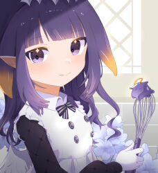 Rule 34 | 1girl, 8 nana usagi, apron, black dress, blush, dress, gloves, highres, holding, holding whisk, hololive, hololive english, long hair, looking at viewer, ninomae ina&#039;nis, ninomae ina&#039;nis (6th costume), official alternate costume, pointy ears, purple eyes, purple hair, smile, takodachi (ninomae ina&#039;nis), tentacle hair, virtual youtuber, whisk, white apron, white gloves