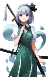 Rule 34 | 1girl, absurdres, black bow, black bowtie, black hairband, bow, bowtie, closed mouth, commentary, cowboy shot, english commentary, green eyes, green skirt, green vest, hairband, hand up, highres, konpaku youmu, looking at viewer, mac star, puffy short sleeves, puffy sleeves, shirt, short hair, short sleeves, silver hair, simple background, skirt, solo, sword, touhou, vest, weapon, white background, white shirt