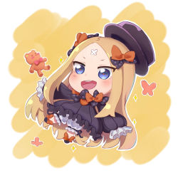 Rule 34 | 1girl, :d, abigail williams (fate), black bow, black dress, black footwear, black hat, blonde hair, bloomers, blue eyes, blush, bow, bug, butterfly, chibi, commentary request, crossed bandaids, dress, fate/grand order, fate (series), forehead, full body, hair bow, hat, highres, insect, long hair, long sleeves, open mouth, orange bow, parted bangs, polka dot, polka dot bow, round teeth, sleeves past fingers, sleeves past wrists, smile, solo, sparkle, stuffed animal, stuffed toy, teddy bear, teeth, underwear, upper teeth only, v-shaped eyebrows, very long hair, wang man, white bloomers