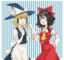 Rule 34 | 2girls, alternate hairstyle, apron, ascot, bad id, bad pixiv id, blonde hair, bow, braid, brown eyes, brown hair, detached sleeves, grabbing another&#039;s hair, hair bow, hair tubes, hairstyle switch, hakurei reimu, hat, highres, kirisame marisa, long hair, looking at another, multiple girls, nappooz, ribbon, short hair, side braid, striped, striped background, touhou, waist apron, witch hat, yellow eyes