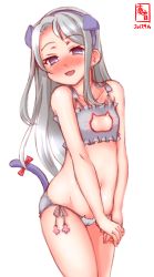 Rule 34 | 10s, 1girl, 2017, animal ears, bare shoulders, blue hairband, blush, bra, breasts, cat cutout, cat ear panties, cat ears, cat lingerie, cat tail, cleavage cutout, clothing cutout, cowboy shot, dated, frilled bra, frills, full-face blush, grey bra, grey hair, grey panties, hairband, highres, kanon (kurogane knights), kantai collection, logo, long hair, looking at viewer, meme attire, panties, purple eyes, sagiri (kancolle), side-tie panties, simple background, small breasts, solo, standing, swept bangs, tail, underwear, underwear only, white background