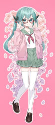 Rule 34 | 1girl, absurdres, blush, brown-framed eyewear, brown footwear, cherry hair ornament, closed mouth, collarbone, commentary request, crossed bangs, crossed legs, envelope, falling petals, finger to eyewear, flower, food-themed hair ornament, full body, green sailor collar, green skirt, hair ornament, hands up, hatsune miku, high-waist skirt, highres, jacket, loafers, long hair, long sleeves, neckerchief, noneon319, open clothes, open jacket, orange flower, outline, petals, pink background, pink flower, pink jacket, pink neckerchief, pink outline, pink petals, pleated skirt, puffy long sleeves, puffy sleeves, sailor collar, school uniform, semi-rimless eyewear, serafuku, shoes, sidelocks, simple background, skirt, smile, solo, thighhighs, twintails, v-shaped eyebrows, vocaloid, white serafuku, white thighhighs, zettai ryouiki