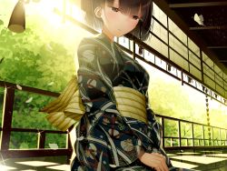 Rule 34 | 1girl, architecture, atha (leejuiping), black hair, brown eyes, bug, butterfly, east asian architecture, half-closed eyes, highres, bug, japanese clothes, kimono, kneeling, leaf, obi, original, sash, solo, tree, wide sleeves