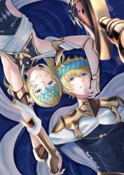 Rule 34 | 1boy, 1girl, absurdres, arm guards, armlet, armor, black shirt, blonde hair, blue eyes, bracelet, breasts, bridal gauntlets, brother and sister, castor (fate), collar, diadem, fate/grand order, fate (series), highres, jewelry, lying, medium hair, metal collar, on back, parted lips, pauldrons, pollux (fate), repurika, ripples, robe, sash, shirt, short hair, shoulder armor, siblings, small breasts, smile, star (sky), sword, twins, water, weapon, white robe