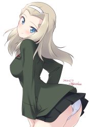 Rule 34 | 1girl, arched back, ass, black skirt, blonde hair, blue eyes, blush, clara (girls und panzer), closed mouth, commentary, cowboy shot, crotch seam, dated, from side, girls und panzer, green jacket, hairband, head tilt, highres, insignia, jacket, kuzuryuu kennosuke, leaning forward, light blush, long hair, long sleeves, looking at viewer, looking back, miniskirt, one-hour drawing challenge, panties, pantyshot, pleated skirt, pravda school uniform, school uniform, simple background, skirt, smile, solo, standing, twitter username, underwear, white background, white hairband, white panties