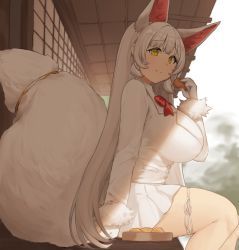 Rule 34 | 1girl, alternate breast size, animal ears, bad id, bad pixiv id, blazer, breasts, closed mouth, day, food, fox ears, fox girl, fox tail, from side, fur trim, gloves, holding, holding food, huge breasts, jacket, kemono friends, large breasts, large tail, light smile, long hair, long sleeves, looking at viewer, miniskirt, mogu (kanikama mgmg), oinari-sama (kemono friends), outdoors, sitting, skirt, smile, solo, tail, very long hair, white gloves, white hair, white skirt, yellow eyes