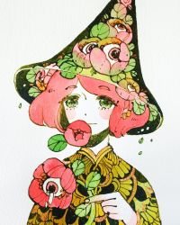 Rule 34 | 1girl, blush, eye focus, flower, flower on head, green eyes, hat, highres, holding, holding flower, leaf, looking at viewer, maruti bitamin, original, pale skin, red flower, red hair, short hair, simple background, smile, solo, tears, upper body, white background, witch hat