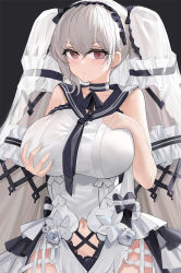 Rule 34 | 1girl, absurdres, azur lane, bare shoulders, black background, black choker, black neckwear, black sailor collar, bow, grabbing another&#039;s breast, breasts, choker, clothing cutout, cowboy shot, dress, dress bow, dress flower, feather dress, flower, formidable (azur lane), formidable (timeless classics) (azur lane), gala (16901040), grabbing, grabbing own breast, hair ornament, hand on own chest, highres, huge breasts, long hair, looking at viewer, navel cutout, official alternate costume, platinum blonde hair, red eyes, sailor collar, simple background, sleeveless, sleeveless dress, solo, twintails, two-tone dress, two-tone ribbon, veil, very long hair, white dress, white flower