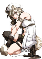 Rule 34 | 1girl, absurdres, animal ear fluff, animal ears, arknights, armband, armpits, bandeau, bare shoulders, black bandeau, black footwear, black gloves, black hair, black shorts, black thighhighs, boots, breasts, cabbie hat, checkered clothes, checkered headwear, cliffheart (arknights), commentary request, full body, gloves, grappling hook, grey eyes, hair between eyes, hand on own cheek, hand on own face, hand up, hat, highres, kneeling, leopard ears, leopard girl, leopard tail, looking at viewer, material growth, midriff, multicolored hair, navel, oga (ogw175), on one knee, one eye closed, oripathy lesion (arknights), short hair, short shorts, shorts, sidelocks, silver hair, simple background, single thighhigh, skindentation, sleeveless duster, small breasts, smile, smirk, solo, tail, teeth, thighhighs, underbust, white background, white hat