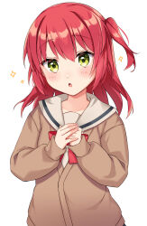 Rule 34 | 1girl, blazer, blush, bocchi the rock!, bow, brown jacket, green eyes, hair between eyes, highres, jacket, kawagami raito, kita ikuyo, long hair, long sleeves, one side up, open mouth, red bow, red hair, sailor collar, school uniform, simple background, solo, sparkle, upper body, white background, white sailor collar