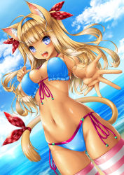 Rule 34 | 1girl, :d, ahoge, animal ear fluff, animal ears, bare shoulders, beach, bikini, blonde hair, blue bikini, blue eyes, blue hairband, blue sky, blunt bangs, blush, breasts, cat ears, cat girl, cat tail, cleavage, cloud, commentary request, cowboy shot, day, dutch angle, floating hair, front-tie bikini top, front-tie top, gluteal fold, groin, hair ornament, hair ribbon, hairband, hairclip, halterneck, highres, kamiya tomoe, large breasts, long hair, looking at viewer, navel, ocean, open mouth, original, outdoors, pink thighhighs, plaid, plaid ribbon, reaching, reaching towards viewer, red ribbon, ribbon, side-tie bikini bottom, sidelocks, skindentation, sky, slit pupils, smile, solo, standing, stomach, string bikini, striped clothes, striped thighhighs, swimsuit, tail, tail ornament, tail ribbon, tan, teeth, thighhighs, upper teeth only, white thighhighs