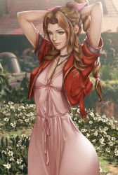Rule 34 | 1girl, adjusting hair, aerith gainsborough, bow, bracelet, braid, braided ponytail, breasts, brown hair, cleavage, closed mouth, cropped jacket, day, dress, field, final fantasy, final fantasy vii, final fantasy vii remake, flower, flower field, gainsborough house, green eyes, hair bow, highres, jacket, jewelry, long braid, long hair, looking at viewer, necklace, outdoors, pink dress, red jacket, short sleeves, signature, sirenlin, small breasts, smile, solo, square enix, thighs, very long hair