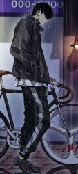 Rule 34 | 1boy, bicycle, black hair, black sweater, closed mouth, grey eyes, highres, jo ja-hyun, long hair, looking down, rain, shirt, shoes, solo, sweater, white shirt, wind breaker