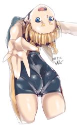 Rule 34 | 00s, 1girl, arched back, ass, blonde hair, blue eyes, blunt bangs, braid, breasts, cowboy shot, dated, final fantasy, final fantasy xii, from behind, k u m a, long hair, looking at viewer, mini wings, open mouth, pantylines, penelo, see-through, shiny clothes, shiny skin, simple background, skin tight, smile, solo, standing, thick eyebrows, twin braids, twintails, white background, wings