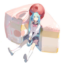Rule 34 | 1girl, black sailor collar, black skirt, blue eyes, blue hair, bow, bowtie, cake, cake slice, cherry, commentary request, food, fruit, full body, grey footwear, hatsune miku, highres, kneehighs, long hair, long sleeves, oversized food, oversized object, parted lips, pink bow, pink bowtie, rumoon, sailor collar, school uniform, serafuku, shirt, simple background, sitting, skirt, socks, solo, twintails, vocaloid, white background, white shirt, white socks