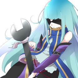 Rule 34 | 1girl, :o, arm belt, bad id, bad pixiv id, bare shoulders, black pantyhose, blindfold, blue dress, blue hair, covered eyes, detached sleeves, dress, long hair, ole tower, oversized object, pantyhose, parted lips, puuyan (era218), simple background, sleeveless, sleeveless dress, solo, spanner (ole tower), tabard, very long hair, white background, wrench