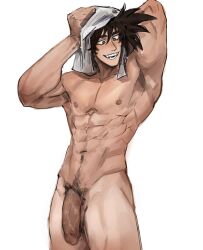 1boy abs absurdres after_bathing armpits bara black_hair completely_nude cowboy_shot dragon_ball dragonball_z drying drying_hair flaccid foreskin frisk_(coffezit0s) girthy_penis highres looking_to_the_side male_focus muscular muscular_male navel nipples nude penis smile solo son_goku sparse_navel_hair spiked_hair standing stomach thick_eyebrows thick_thighs thighs towel uncensored wet wet_hair