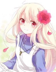 Rule 34 | 1girl, apron, blonde hair, blush, flower, from above, hair flower, hair ornament, highres, jewelry, kagerou project, key, key necklace, kozakura marry, long hair, long sleeves, looking at viewer, looking up, necklace, pendant, petals, red eyes, rirako, smile, solo, upper body