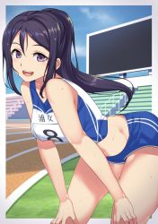 Rule 34 | 1girl, :d, bent over, black hair, blue shorts, blue sky, cloud, collarbone, cowboy shot, crop top, day, floating hair, gym uniform, hands on own knees, highres, long hair, looking at viewer, love live!, love live! sunshine!!, matsuura kanan, midriff, open mouth, ponytail, purple eyes, short shorts, shorts, sky, sleeveless, smile, solo, standing, stomach, sweat, uniform, yamaori (yamaorimon)