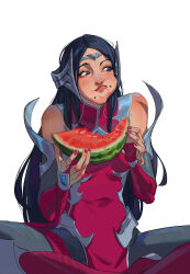 Rule 34 | 1girl, absurdres, bare shoulders, black hair, blue eyes, bodysuit, breasts, eating, fingerless gloves, food, food on face, fruit, gloves, hair ornament, highres, indian style, irelia, league of legends, long hair, looking to the side, nail polish, qi mang (qimang), red nails, seed, simple background, sitting, small breasts, solo, very long hair, watermelon, white background