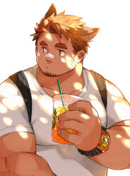 Rule 34 | 1boy, :/, bad id, bad twitter id, bara, bored, brown hair, cup, disposable cup, ear down, facial hair, fat, fat man, goatee, highres, holding, holding cup, kuro nezumi inu, large pectorals, looking to the side, male focus, muscular, muscular male, original, pectorals, shirt, short hair, sideburns stubble, solo, stubble, t-shirt, thick eyebrows, tree shade, upper body, watch, wristwatch