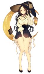 Rule 34 | 1girl, :/, bare legs, between legs, black skirt, blue hat, blush, breasts, character request, cleavage, crescent, expressionless, full body, gem, hand between legs, hand in own hair, hat, highres, jewelry, kitada mo, lamp, lantern, light, long hair, looking at viewer, necklace, original, pendant, pleated skirt, pointy ears, puffy sleeves, purple eyes, purple hair, purple skirt, see-through, shoes, simple background, sitting, skirt, sleeves past elbows, solo, standing, very long hair, white background, witch hat