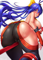 Rule 34 | 1girl, ass, bare shoulders, blazblue, blazblue: central fiction, blazblue variable heart, blue hair, blush, bow, breasts, cameltoe, from behind, genderswap, genderswap (mtf), gloves, hair between eyes, hair bow, highres, large breasts, long hair, mai natsume, pink eyes, polearm, ponytail, shiboru, skindentation, solo, sweat, very long hair, weapon, yellow bow
