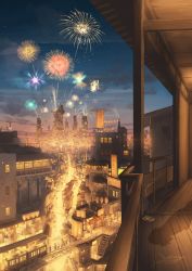 Rule 34 | balcony, blue sky, bridge, building, city, city lights, cityscape, cloud, cloudy sky, commentary request, crowd, dated, fireworks, highres, on roof, orange theme, original, out of frame, outdoors, people, pochi (poti1990), railing, scenery, shadow, signature, sky, skyscraper, stairs, sunset