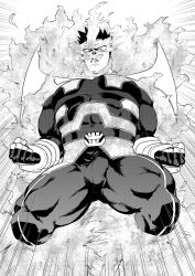 Rule 34 | 1boy, bara, beard, biceps, boku no hero academia, bulge, covered abs, covered navel, cropped legs, endeavor (boku no hero academia), erection, erection under clothes, facial hair, fire, flexing, floating, greyscale, highres, large pectorals, male focus, mature male, monochrome, muscular, muscular male, outstretched arms, p (pppppppppq), pectorals, scar, scar across eye, scar on face, short hair, sideburns, skin tight, solo, spiked hair, spread arms, thick thighs, thighs