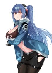 Rule 34 | 1girl, absurdres, azur lane, black pants, blue hair, breast hold, breasts, character name, cleavage, commission, cowboy shot, crop top, essex (a trip down route 66) (azur lane), essex (azur lane), from side, gloves, gradient jacket, grin, hair between eyes, high ponytail, highres, hip vent, jacket, kanta (kanta 077), large breasts, looking at viewer, multicolored clothes, multicolored gloves, multicolored jacket, navel, open clothes, open jacket, orange eyes, pants, ponytail, smile, stomach, transparent background, white background