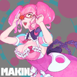 Rule 34 | 1girl, bow, breasts, brown eyes, character name, cleavage, cleavage cutout, clothing cutout, dress, unworn eyewear, frilled dress, frills, glasses, glint, highres, holding, holding removed eyewear, jewelry, macross, macross delta, makina nakajima, medium breasts, medium hair, necklace, open mouth, pink bow, pink dress, pink nails, purple bow, smile, solo, tebukuro tette, twintails