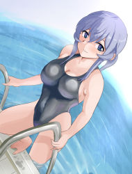 Rule 34 | 1girl, bad id, bad pixiv id, black one-piece swimsuit, blue eyes, blue hair, breasts, commentary request, competition swimsuit, dutch angle, gotland (kancolle), highleg, highleg swimsuit, highres, kantai collection, large breasts, long hair, mole, mole under eye, one-piece swimsuit, pachio, pool ladder, solo, swimsuit, water