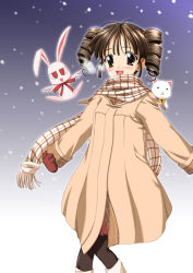 Rule 34 | 00s, 1girl, brown hair, coat, full moon wo sagashite, kouyama mitsuki, meroko yui, meroko yui (bunny), meroko yui (rabbit), mitsuki, pantyhose, scarf, snowing, solo, takuto kira (cat)