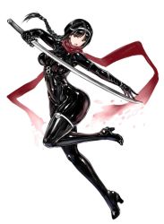 Rule 34 | 1girl, black bodysuit, black hair, bodysuit, boots, breasts, brown eyes, covered navel, full body, gloves, holding, holding sword, holding weapon, katana, large breasts, latex, latex bodysuit, latex boots, long hair, looking at viewer, open mouth, original, red scarf, rindou (radical dream), scarf, shiny clothes, skin tight, solo, sword, thigh boots, thighhighs, thighs, weapon