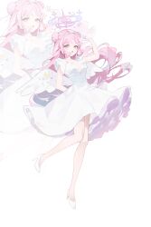 Rule 34 | 1girl, absurdres, alternate costume, angel wings, blue archive, blush, breasts, collarbone, crescent, crescent pin, double bun, dress, feathered wings, full body, hair bun, halo, high heels, highres, large breasts, long hair, looking at viewer, mika (blue archive), open mouth, pink hair, pink halo, r aeel, short sleeves, simple background, smile, solo, white background, white dress, white footwear, white wings, wings, yellow eyes, zoom layer